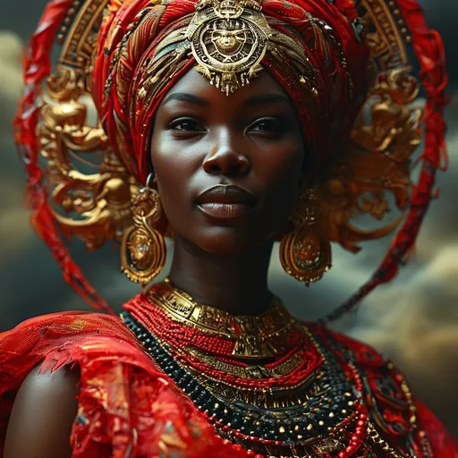 Prompt: (Caramel skinned African smiling with power god and goddess), wearing (intricate red, black, and gold outfits), standing amid (swirling red and black clouds), surrounded by (ethereal flowing light), exuding an aura of divine power and majesty, with powerful postures and expressions, dramatic lighting enhancing their features, creating a magnificent and otherworldly ambiance, ultra-detailed, 4K quality.