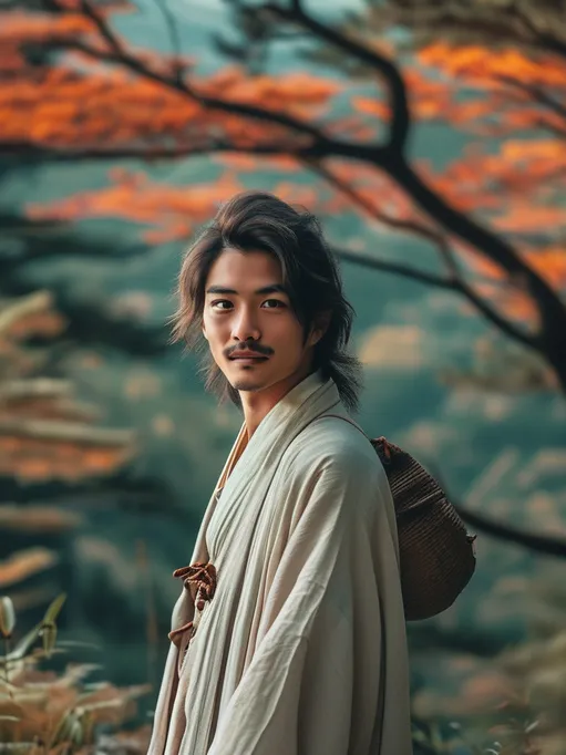 Prompt: A young happy calm Japanese Vietnamese Chinese Taiwanese Korean man with large innocent eyes, small nose, small plump lips, long hair, soft features, wearing a long robe, facing forward in a lush alpine forest.