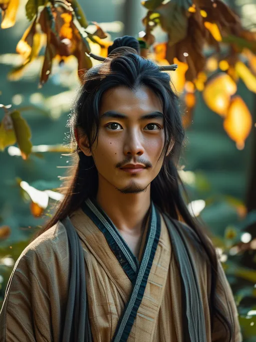 Prompt: A young happy calm Japanese Vietnamese Chinese Taiwanese Korean man with large innocent eyes, small nose, small plump lips, long hair, soft features, wearing a long robe, facing forward in a lush alpine forest.