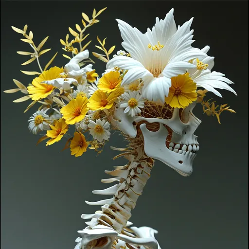 Prompt: bones as different flowers. Something alien, using the details of a spine, ribcage, etc. different bones for petals and leaves. white and yellow, 3D