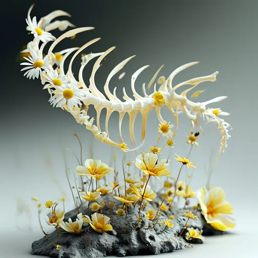 Prompt: bones in a flower like configuration. Something alien, using the details of a spine, ribcage, etc. different bones for petals and leaves. white and yellow, 3D