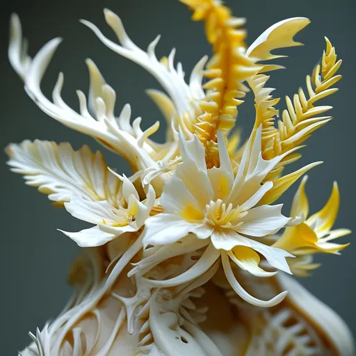 Prompt: bones in a flower/plant like configuration. Something alien, using the details of a spine, ribcage, fingers, teeth etc. different bones for petals and leaves. white and yellow, 3D