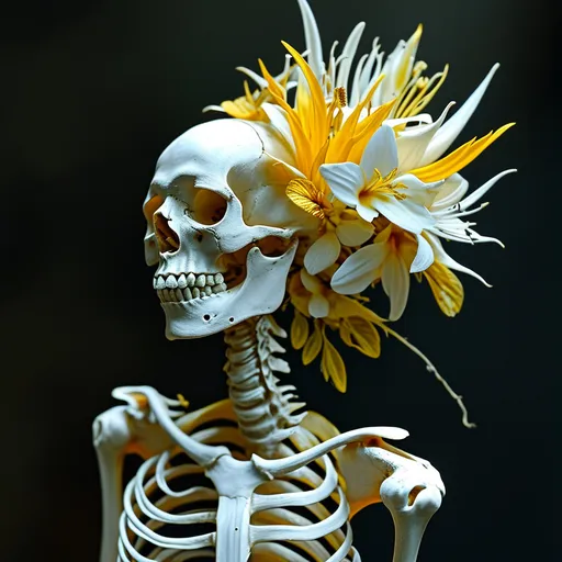 Prompt: bones as different flowers. Something alien, using the details of a spine, ribcage, etc. different bones for petals and leaves. white and yellow, 3D