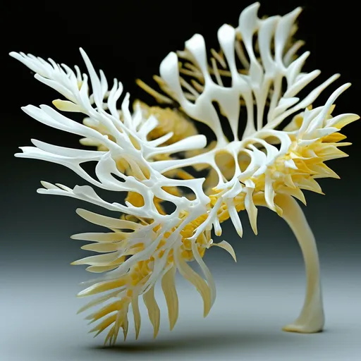 Prompt: bones in a flower like configuration. Something alien, using the details of a spine, ribcage, etc. different bones for petals and leaves. white and yellow, 3D