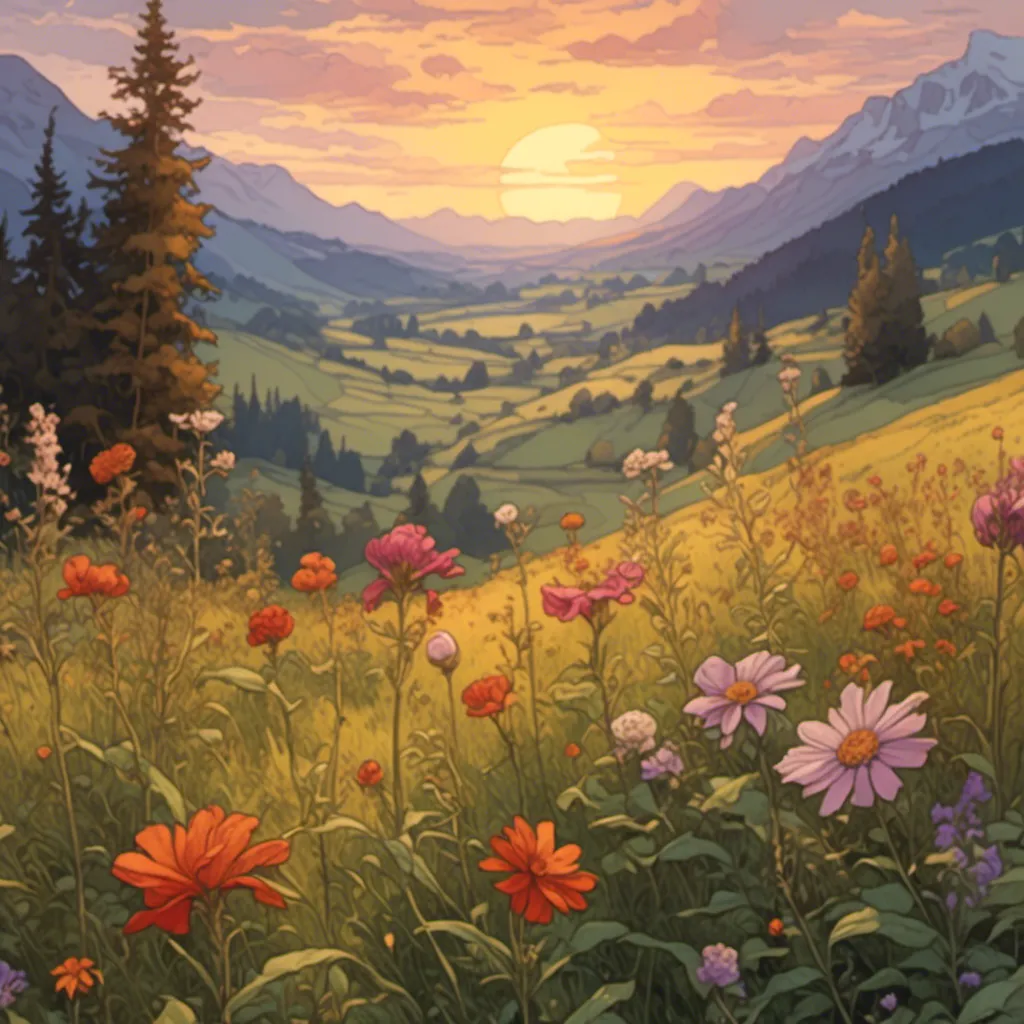 Prompt: <mymodel> Focus on a beautiful flowers growing in a field as the sun rises