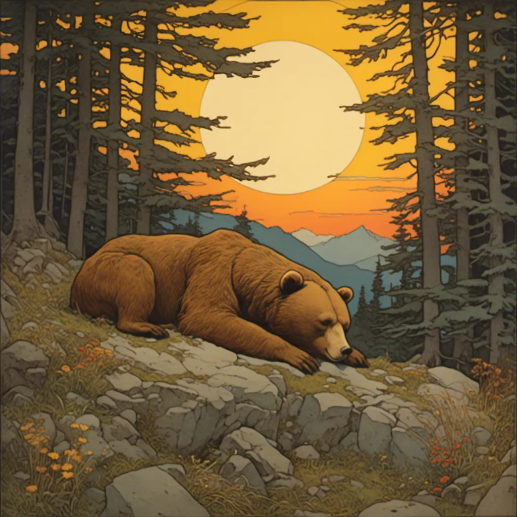 Prompt: <mymodel>sun setting and bear sleeping in a forest