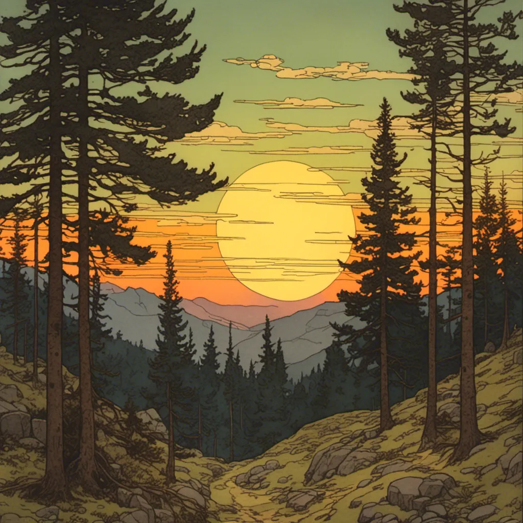 Prompt: <mymodel> sun setting over a pine tree forest