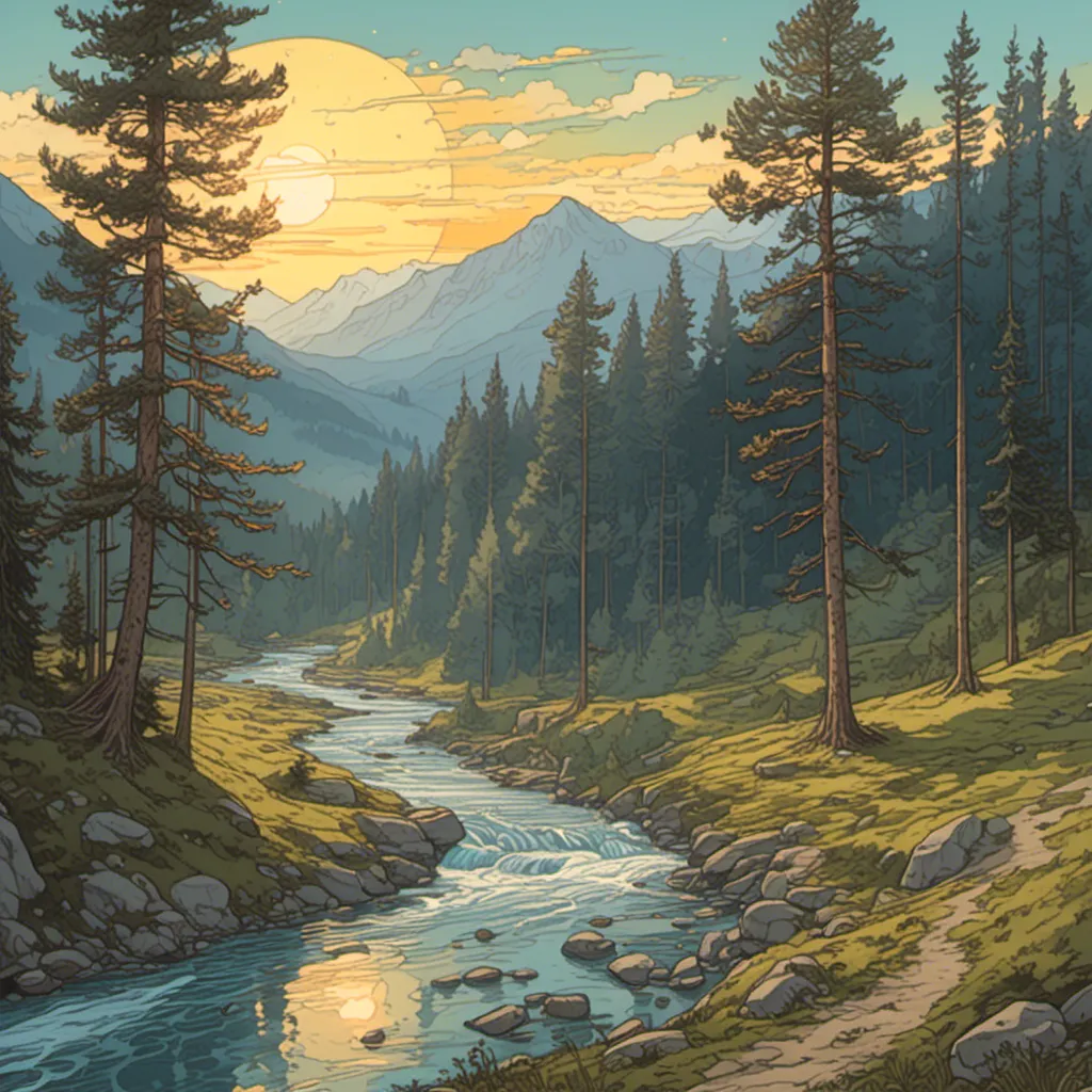 Prompt: <mymodel>beautiful blue river flowing through a pine tree forest as the sun rises