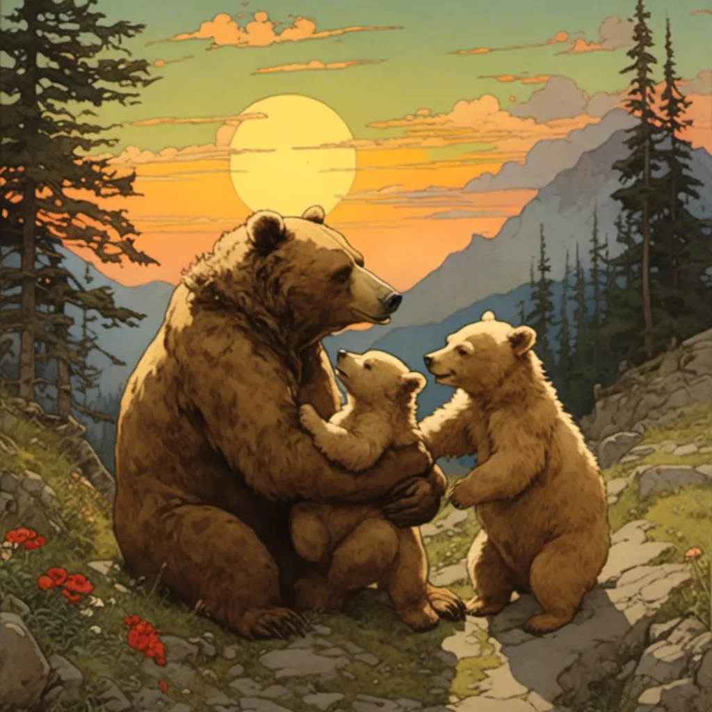 Prompt: <mymodel> two adult bears with a baby bear as the sun sets
