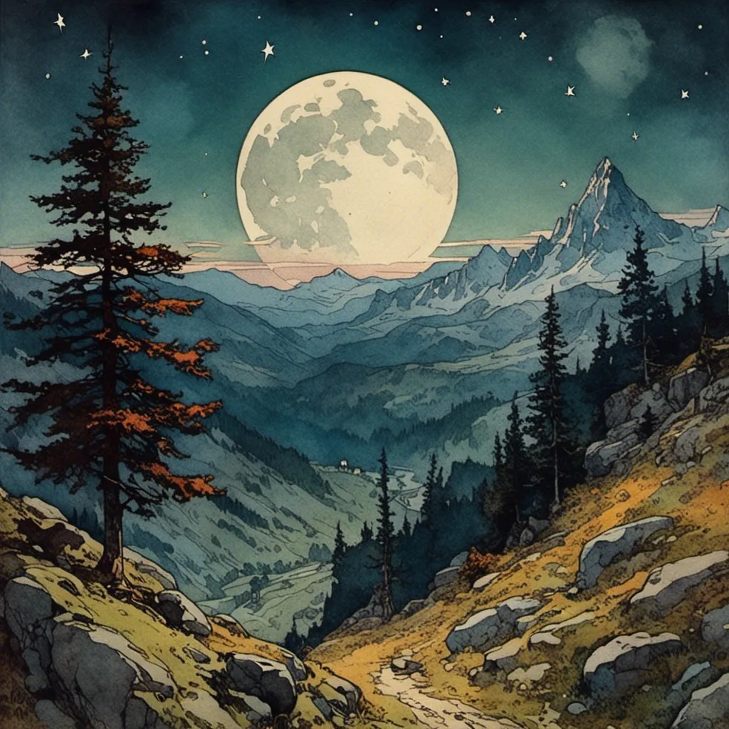 Prompt: <mymodel>night sky scene with a beautiful moon in the mountains