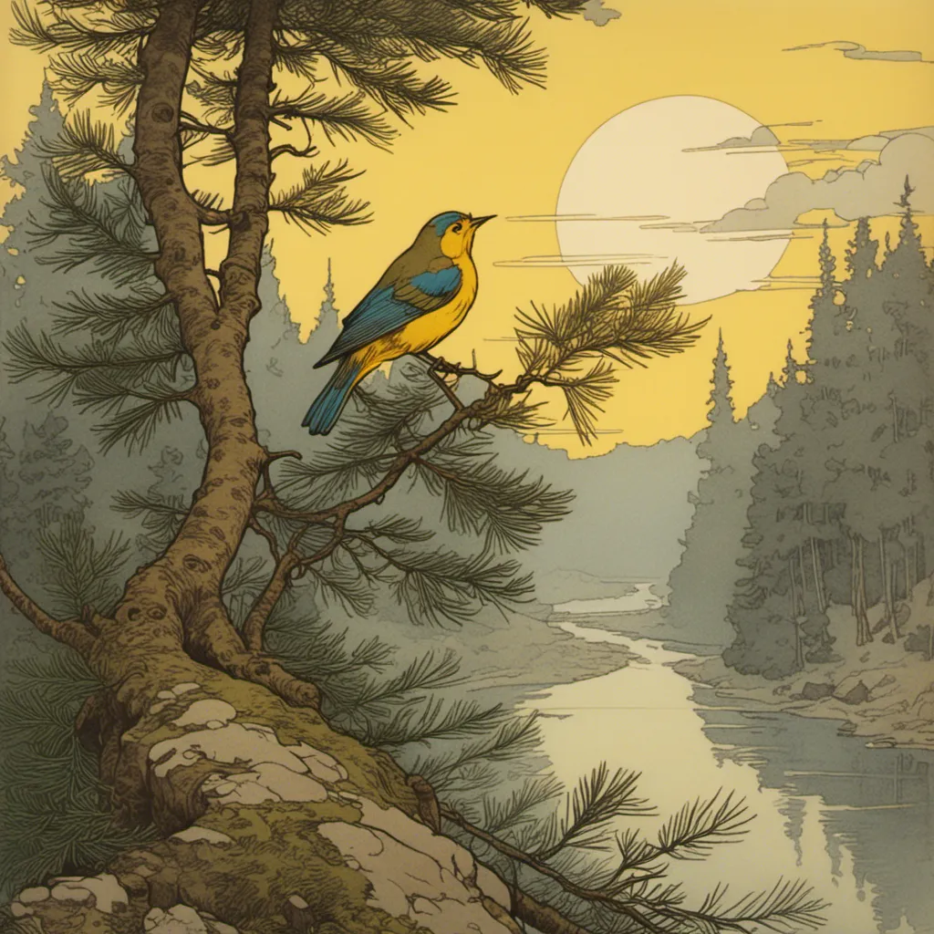 Prompt: <mymodel> yellow song bird singing on a pine tree branch, in the middle of a forest with a river