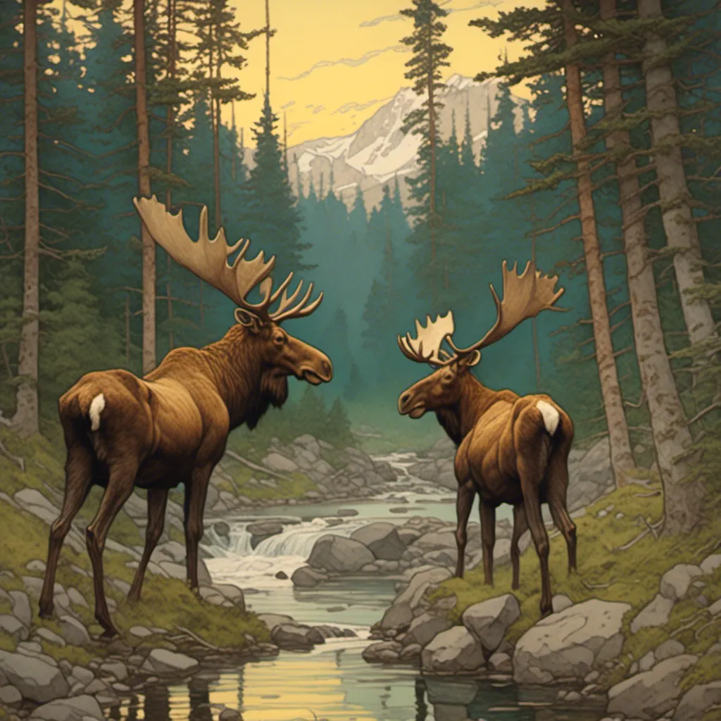 Prompt: <mymodel>moose eating in a river in a pine tree forest 