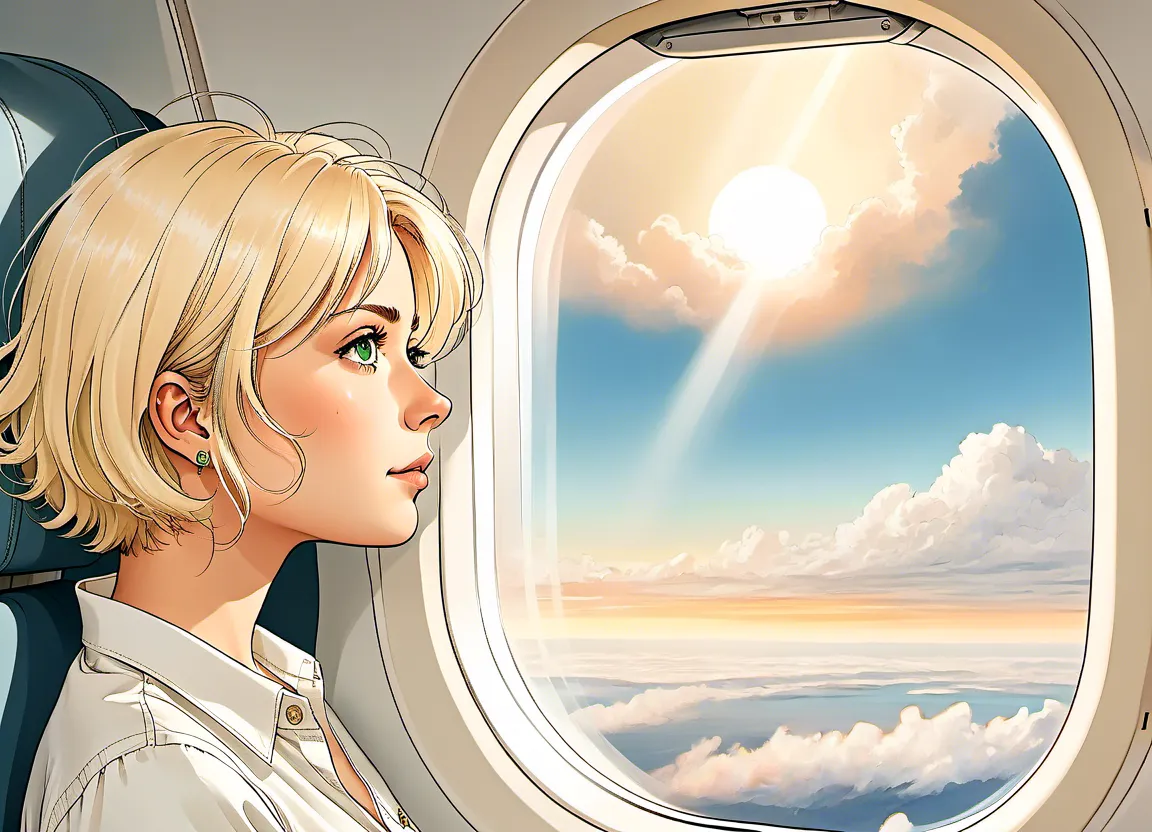 Prompt: Detailed illustration of <mymodel> looking out from airplane window, high above the clouds, vibrant sunset illuminating the sky, mesmerizing view of the horizon, realistic painting, 4k resolution, highly detailed, scenic, warm tones, natural lighting, serene atmosphere