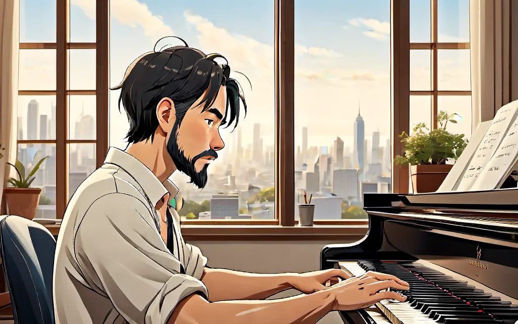 Prompt: Back view of <mymodel> playing piano at home, City view from window, looking away from camera, detailed fingers, detailed hands, detailed face, detailed symmetrical eyes, photorealistic, cinematic masterpiece, high quality, 4K, modern minimalist furnishings, soft warm lighting, deep and rich color tones, cozy and inviting atmosphere, intricate woodwork on piano, subtle reflections on polished surfaces, HD, ultra-detailed textures, capturing delicate emotions and concentration, exquisite attention to detail in surroundings, magazine-worthy composition.