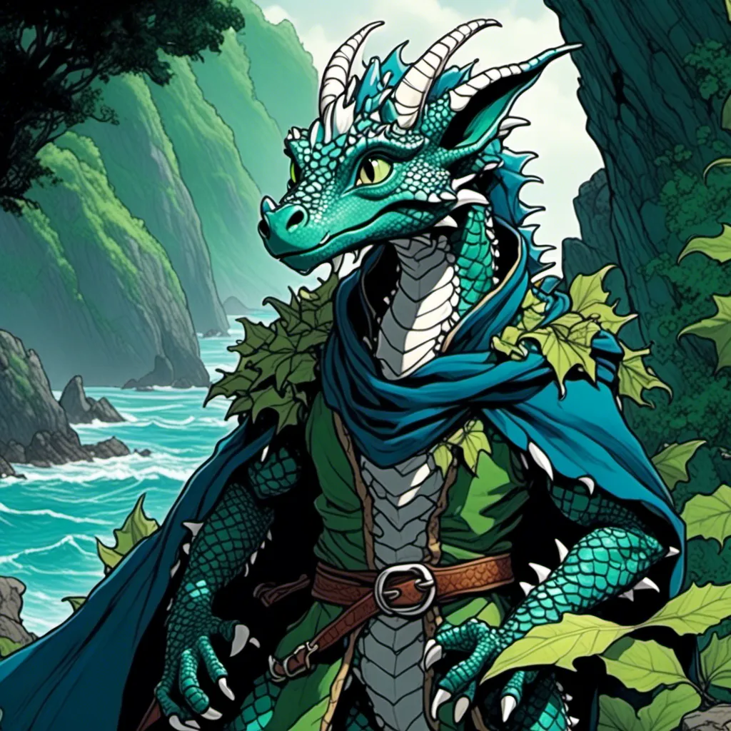 Prompt: <mymodel>Hires, dark fantasy anime illustration of a passionate blue-green scaled kobold with white-colored belly scales and wearing only a cloak made of leaves, ultra detailed leaves, leafy cloak, open and exposed groin region, inguen presentation, anime, ultra detailed seaside, refined mood lighting