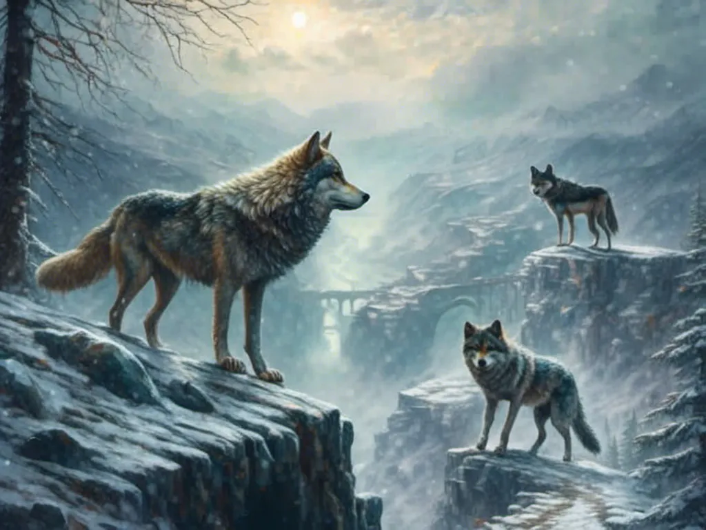 Prompt: <mymodel>Pack of wolves. Top of a cliff. Snowy