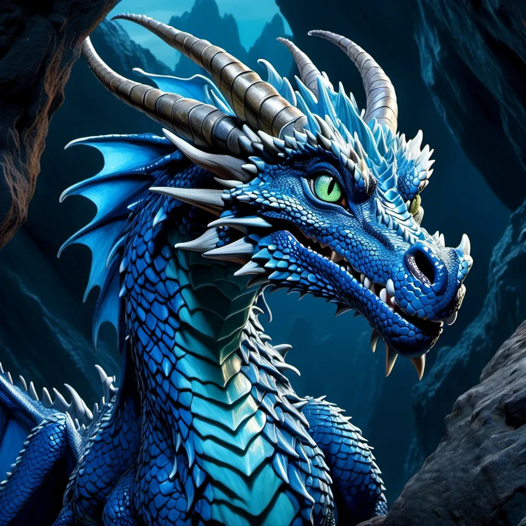 Prompt: A benevolent and kind female ancient blue dragon as a hires <mymodel> painting. Seaside cave, anime, ultra detailed, detailed dragon scales, piercing dragon eyes, peaceful atmosphere, female dragon, draconic features, ultra detailed cave