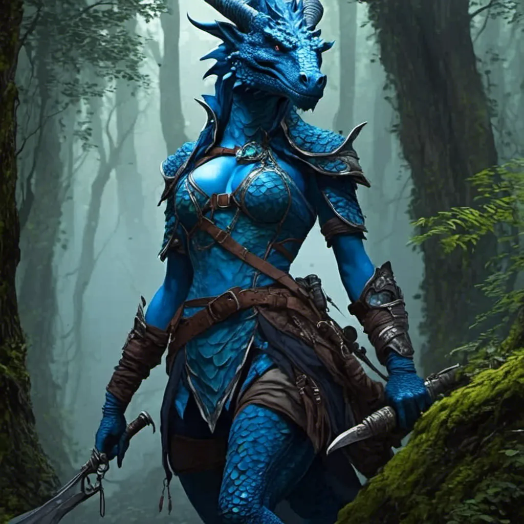 Prompt: <mymodel>((female))::2 ((Blue Dragonborn))::2 drakewarden ranger, minimal clothing, scrawny female body, fit, fantasy, highres, detailed scales, intense gaze, slim design, forest, professional, vibrant lighting, cartoon