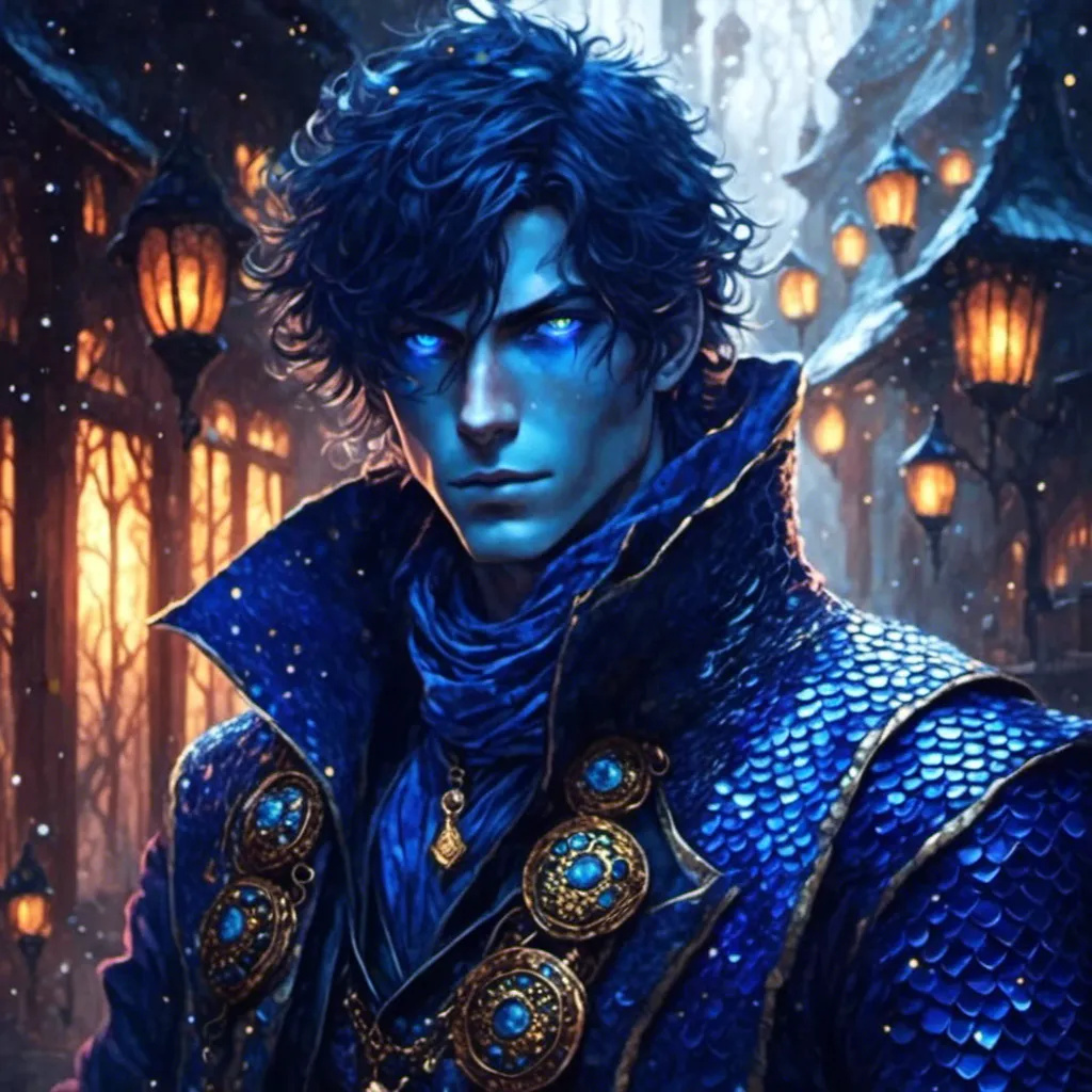 Prompt: <mymodel> Male human, piercing reptilian eyes, bladesinger wizard, covered in blue-scales, humanoid, vibrant colors, fantasy