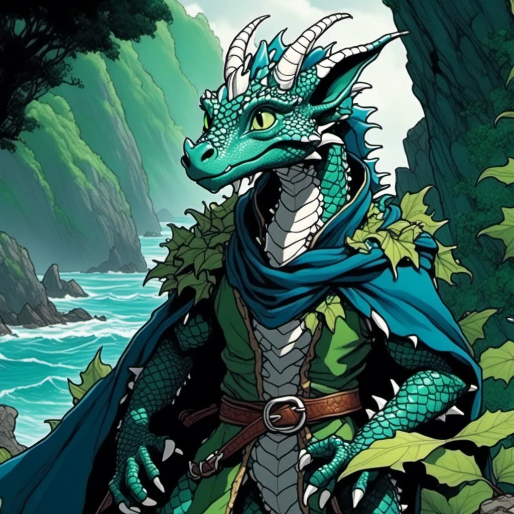 Prompt: <mymodel>Hires, dark fantasy anime illustration of a passionate blue-green scaled kobold with white-colored belly scales and wearing only a cloak made of leaves, ultra detailed leaves, leafy cloak, anime, ultra detailed seaside, refined mood lighting