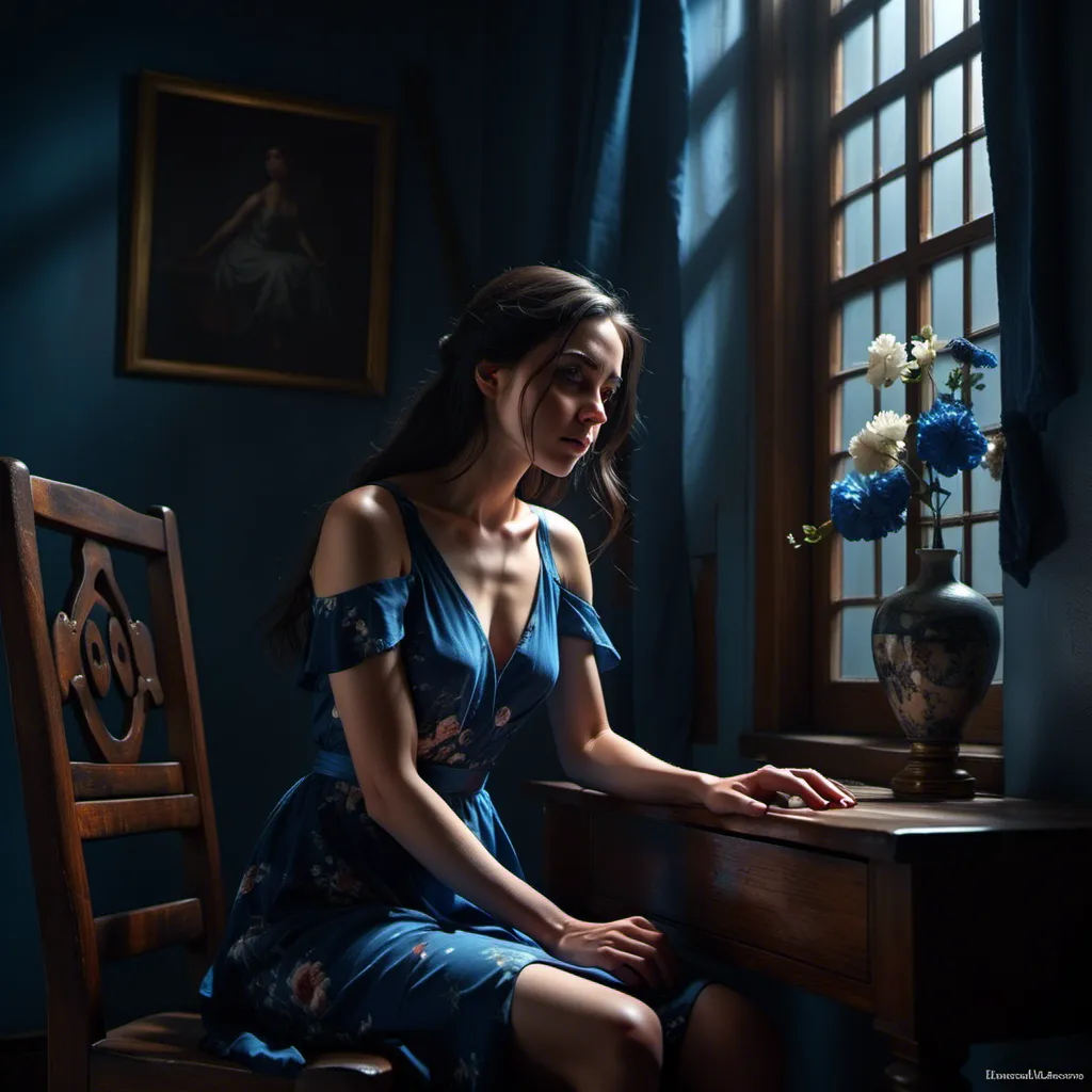 Prompt: <mymodel>
4k , high resolution ,dark colors ,digital painting ,glamour photography , art photography , professional , dark room , window with opened shutters ,sunlight shines the woman through the window  , a woman sitting on wooden chair with hands on her legs  , detailed blue floral short circle skirt ,necklace , legs , close up ,drama , light and shadow photography , portrait