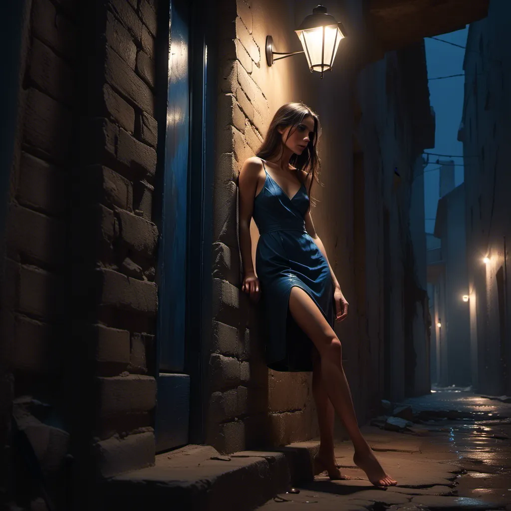 Prompt: <mymodel>
neglected building ,old street,cracked illuminated stone wall, night ,street light  , a woman leaning against the wall in modeling pose  ,legs , 4k , glamour photography , high resolution , digital painting , photorealism , dark colors , art photography , close up