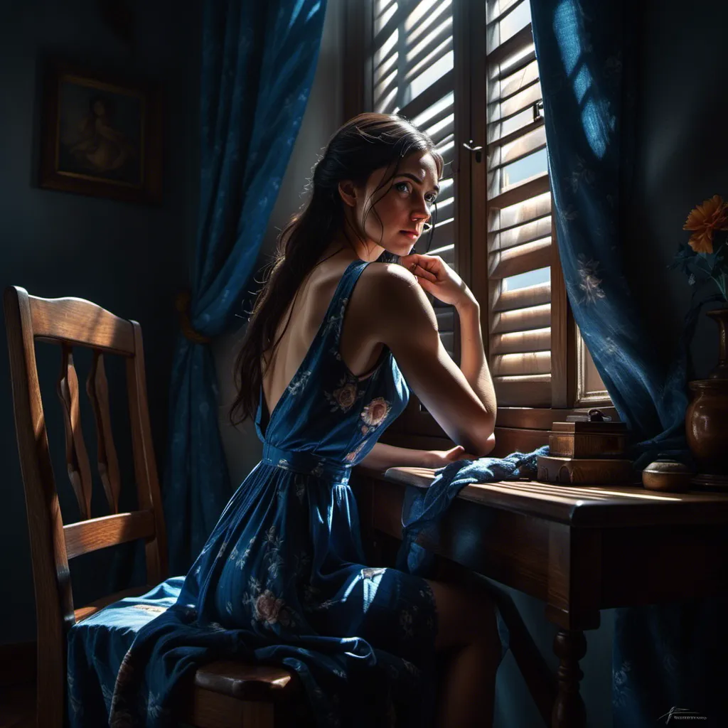 Prompt: <mymodel>
4k , high resolution ,dark colors ,digital painting ,glamour photography , art photography , professional , dark room , window with opened shutters ,sunlight shines the woman through the window  , a woman sitting on wooden chair with hands on her legs  , detailed bluefloral short circle skirt ,necklace , legs , close up ,drama , light and shadow photography , portrait