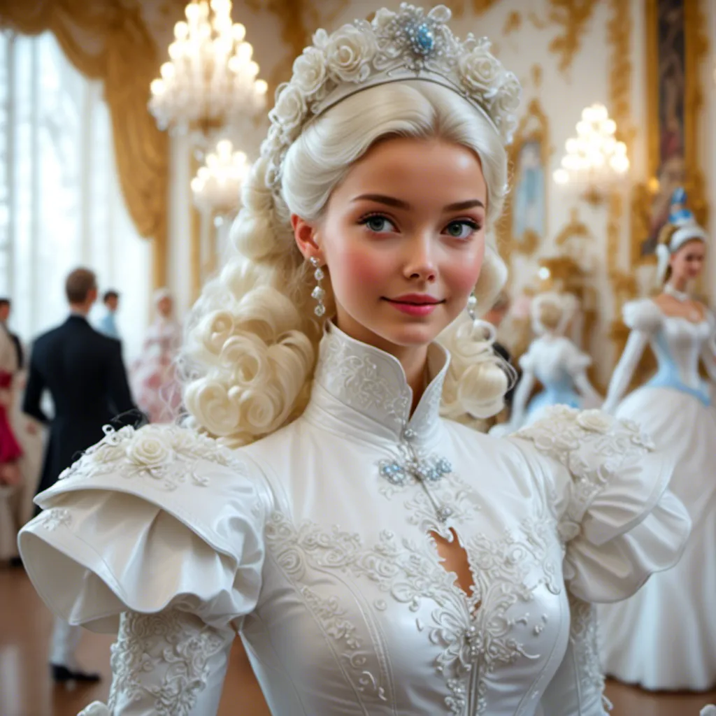 Prompt: closeup of <mymodel> as a white firefighter, leather winter coat, enters the ballroom at Cinderella's ball in the palace, floral gown, upholstered gown