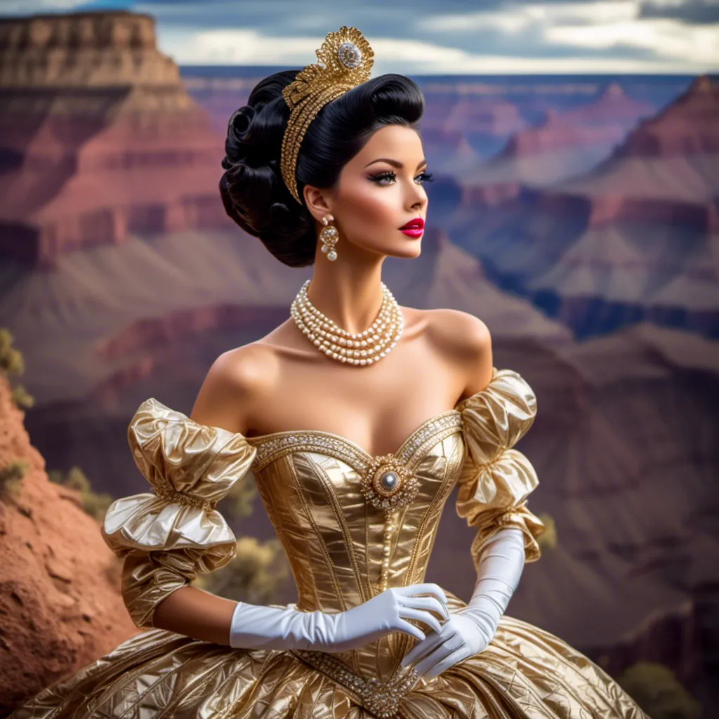 Prompt: <mymodel> Extremely accurated and detailed hyper realistic model in a very detailed Coco Chanel baroque  dress, in Grand Canyon