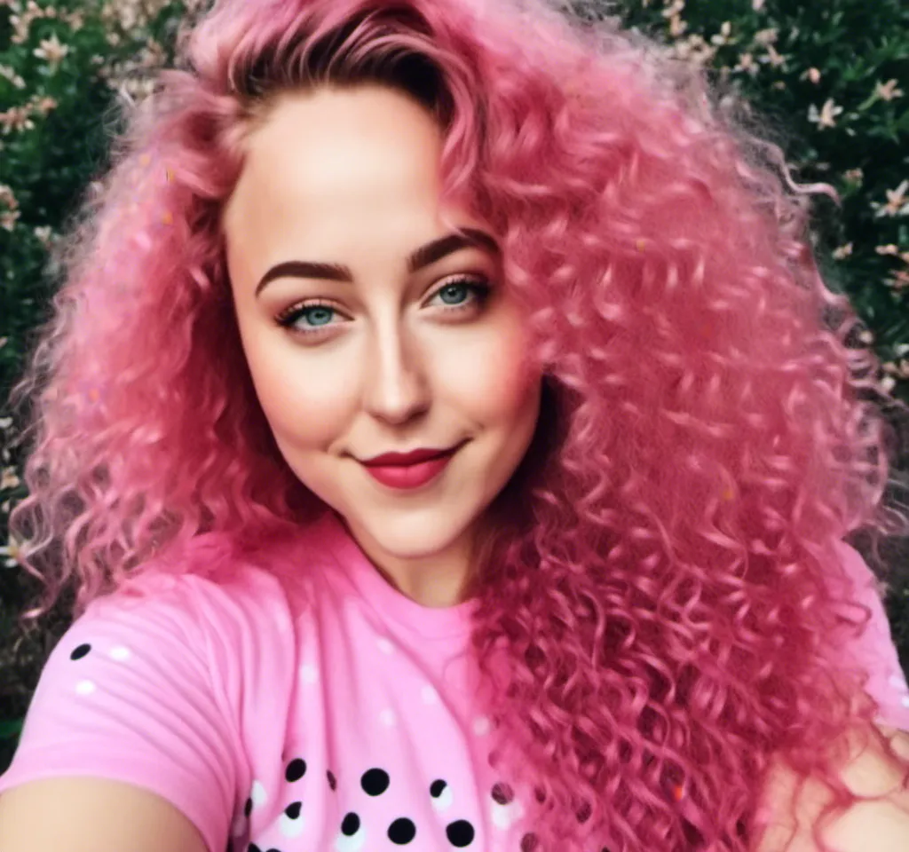 Prompt: <mymodel> ist wearing a tshirt with the logo from polkadot on it, she is a huge crypto fan and likes polkadot a lot, she likes the color pink, she has read curly hair, polkadot, she is Outside, the dots are pink, redhaird