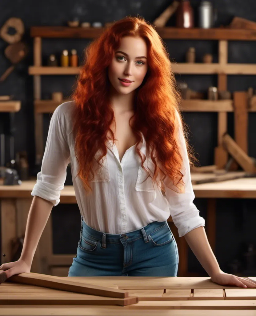 Prompt: <mymodel> young woman is standing in the carpentry an working on a table, realistic, human face, natural skin, the face has blemished skin bithmark on the right side, red curly hair, wide open legs, with hotpans , natural skin, , the face has blemished skin bithmark, similing so we can see the teeths