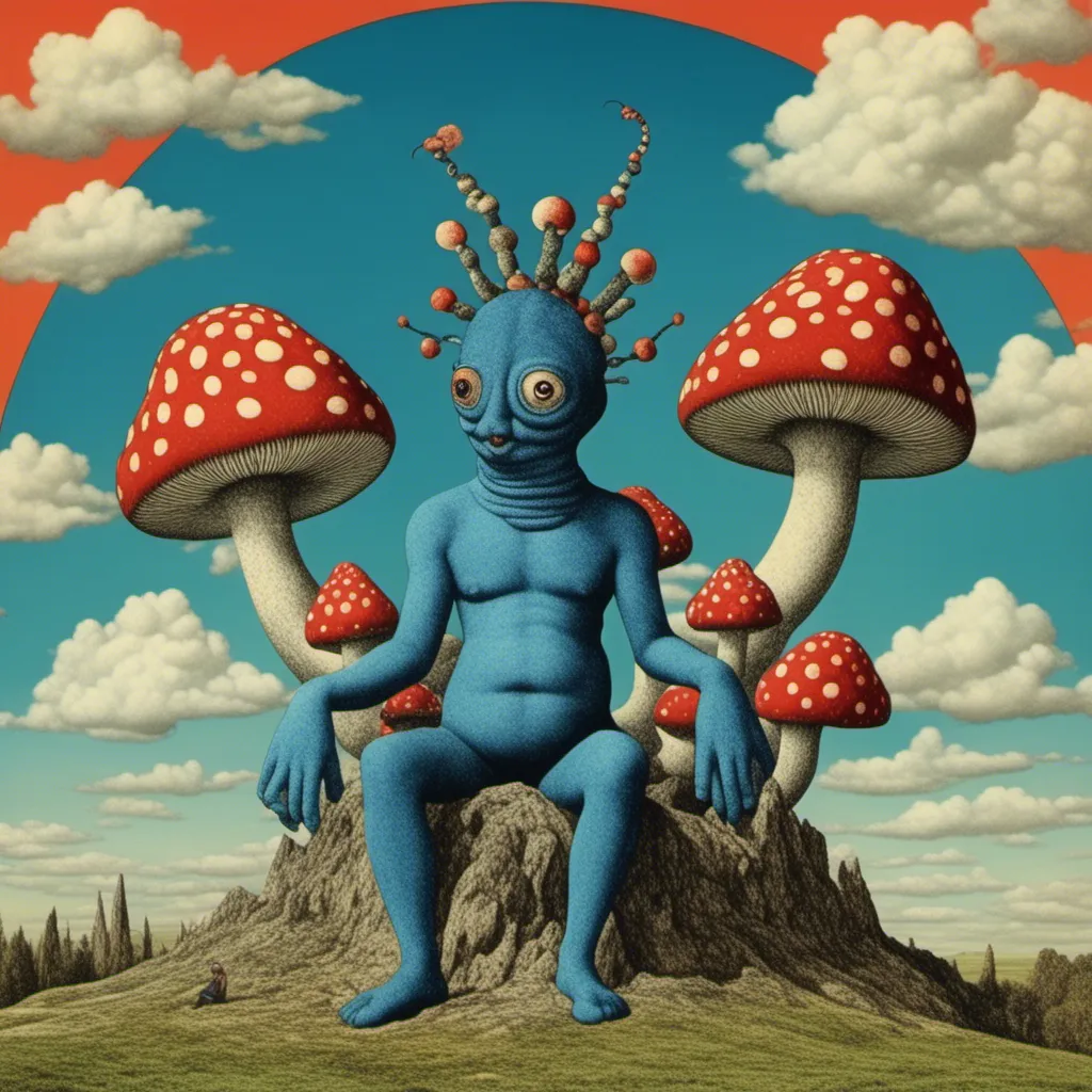 Prompt: <mymodel> <mymodel> Sitting on a mushroom below is one Caterpillar, a laid-back, blue creature with six arms and a large, bloated body sitting upright, puffing clouds of smoke from a long hookah pipe. The caterpillar's face has a stern yet indifferent expression, his eyes half-closed as if in perpetual boredom or mild annoyance The smoke forming whimsical shapes in the air. Alice in Wonderland. whimsical scene