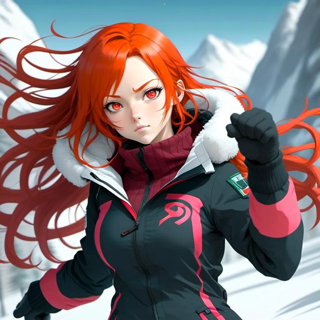 Prompt: <mymodel>High-quality, detailed red-haired girl, red eyes, snowboarding, digital illustration, snowy mountain landscape, dynamic snowboarding action, vibrant and energetic, intense gaze, professional rendering, anime style, cool tones, detailed snowflakes, dynamic lighting, red hair reflections, powerful and confident stance