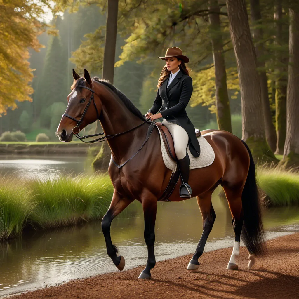 Prompt: <mymodel> Hyper realistic, photorealistic, uber realism, extremely detailed. Completely Full Body shot. A woman Riding a dark Chestnut thoroughbred on a lakeshore. She is athletically built, hourglass shape, 34-26-35 
Height 5' 7". She is wearing a form fitting riding habit with black knee-high riding boots. It is midafternoon summer day, Natural lighting.