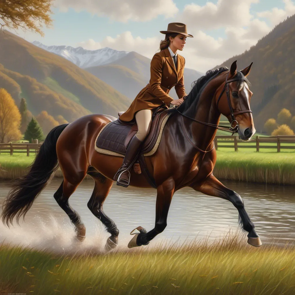 Prompt: <mymodel> Hyper realistic, photorealistic, uber realism, extremely detailed. Completely Full Body shot. A woman Riding a dark Chestnut thoroughbred on a lakeshore. She is athletically built, hourglass shape, 34-26-35 
Height 5' 7". She is wearing a form fitting riding habit with black knee-high riding boots. It is midafternoon summer day, Natural lighting.