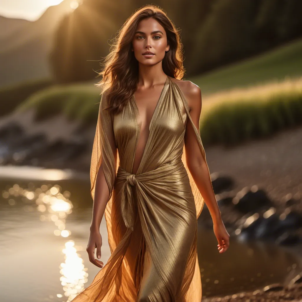 Prompt: <mymodel>Hyper realistic, photorealistic, uber realism, extremely detailed. Completely Full Body shot. walking at a lakeshore, wearing a see-through sarong. She is athletically built. 33-26- 33 Height 5' 7". it is golden hour of twilight on a summer day, Natural lighting.