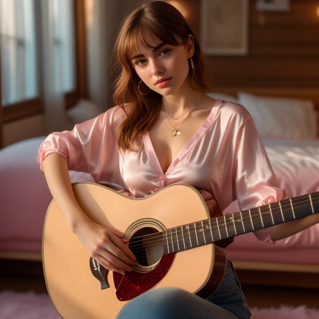 Prompt: beautiful girl playing classic guitar sit down, short brown hair with bangs,  close front shot, top down shot, hazel eyes color, small necklace,  pink lips, natural bright light on the chest, <mymodel>
