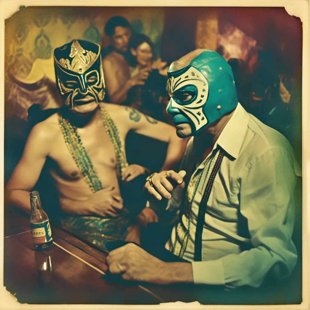 Prompt: old  luchador fighters at a karaoke bar  , Ekta chrome photograph, a colorized photo , expressionism, faded 
<mymodel> artstyle