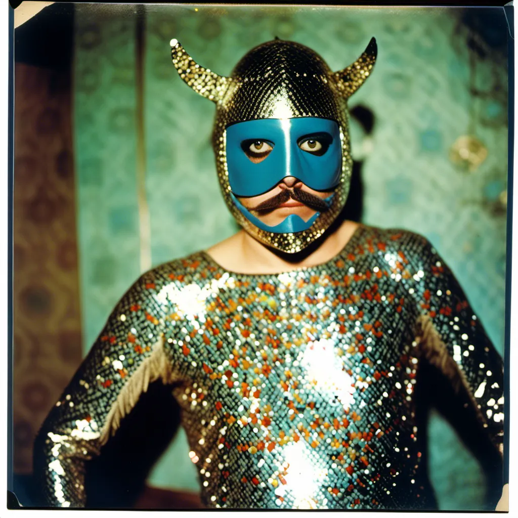 Prompt: luchador chef ,wearing sparkly bodysuit which is covered with  plastic groggily eyes . retrofuturism, ektachrome photograph, a colorized photo , expressionism <mymodel> artstyle, groggily eyes, groggily eyes