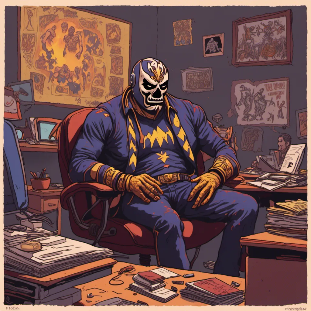 Prompt: <mymodel> in a dark hazy room, a luchador is siting Infront of a desk, he his watch football on a lap top, he look tired 