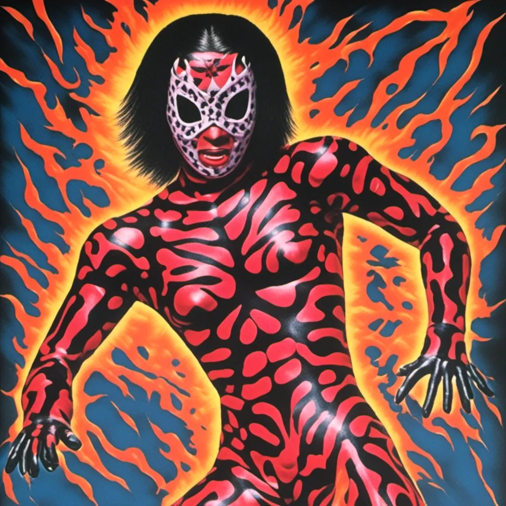 Prompt:   <mymodel> luchador fighter made of fire , realistic punk japanese art, 1980, , airbrush vintage graphic, agressive, vibrant colors grainy, airbrush, retro 80s