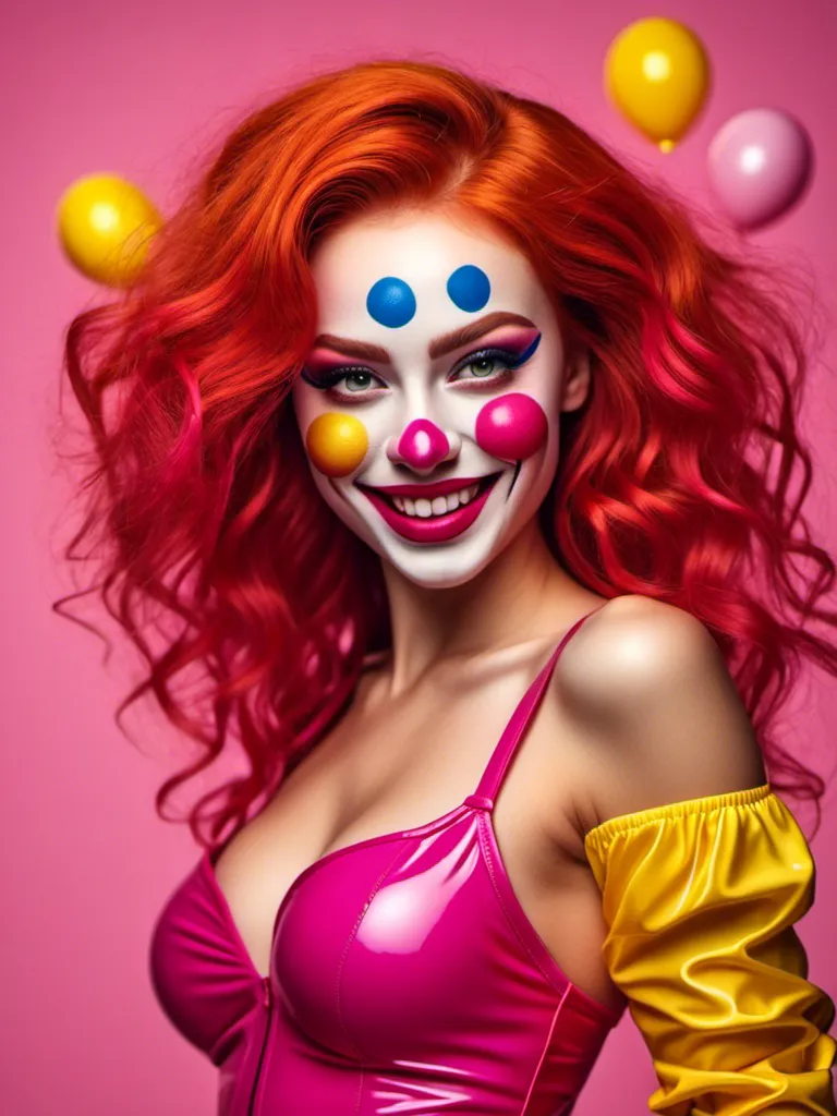 Prompt: <mymodel>High quality, detailed illustration of a smiling yellow girl clown, with red hair, wearing a spandex bodysuit, vibrant pink lipstick, and pink eyes, professional, detailed features, vibrant colors, cartoonish, cheerful lighting
