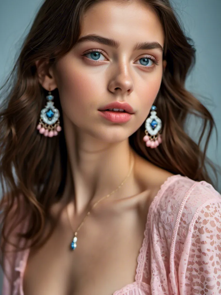 Prompt: <mymodel> Huge chest, A  girl portrait in Midjourney  style, Photograph of french girl with dark  hair and light blue eyes with pink eyeliner, freckles, blush, earrings, open mouth, teeth, white pink lips, looking to the side, 8k uhd, (visible skin pores:0.5), visible hair strands, unretouched, extremely detailed face,

