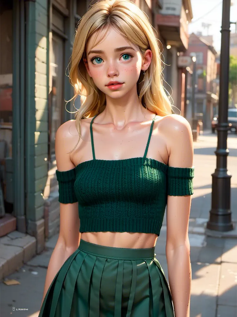 Prompt: <mymodel> very cute girl european girl,hyper-realistic photo , Lithe body,  Flat Chest,  Broad Chin,  Dark Green,  Monolid Eye Shape,  Hard eyebrows,  Gently rounded square face,  Flirty facial expression,  Knit skirt and off-the-shoulder top,  Delicate, airy bangs,  Flat Lips,  Rose,  Lip Gloss,  Daffodil Blonde,  Crooked Nose,  Mahogany 