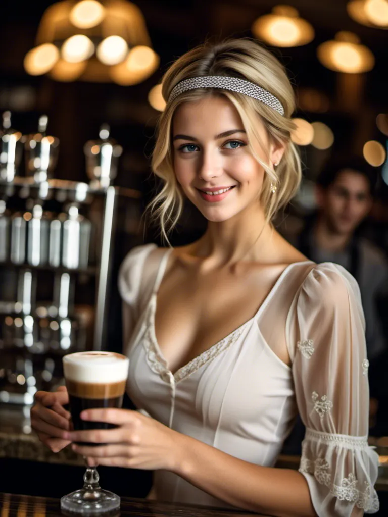 Prompt: <mymodel> young waitress working in coffee shop, serving a  cup of coffee behind the crystal bar, chest,   french girl, blonde short hair, waitress dress,  waitress hairband, freckles, raw photo
