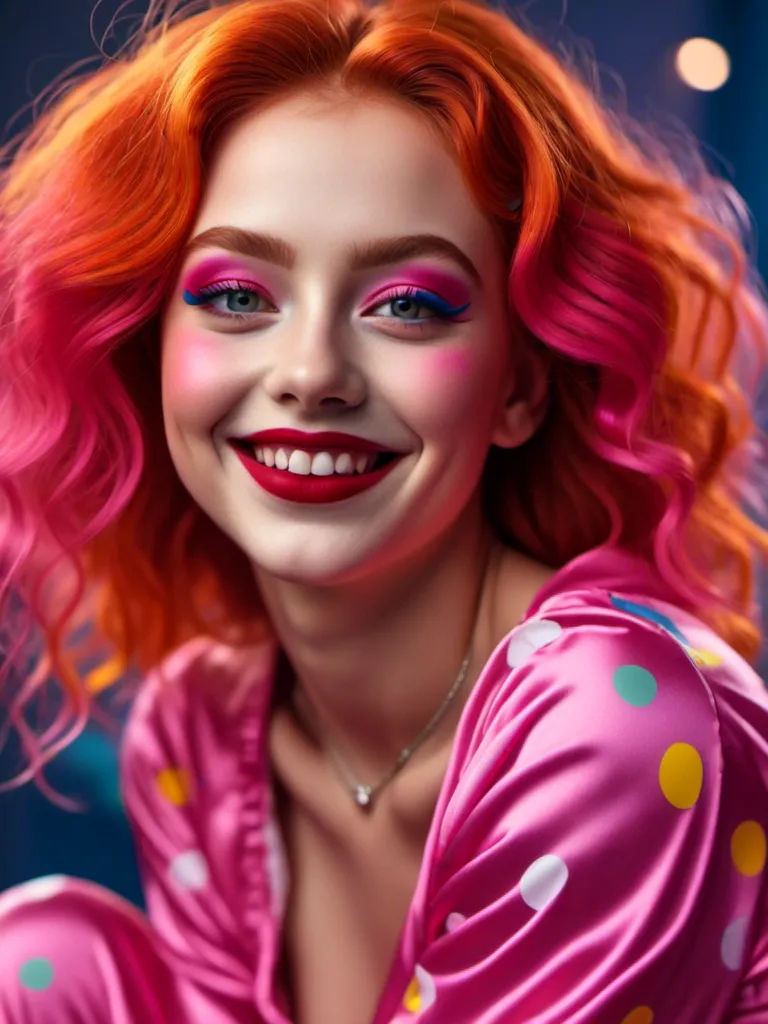 Prompt: <mymodel>High quality, detailed illustration of a smiling yellow girl clown, with red hair, wearing a spandex bodysuit, vibrant pink lipstick, and pink eyes, professional, detailed features, vibrant colors, cartoonish, cheerful lighting
