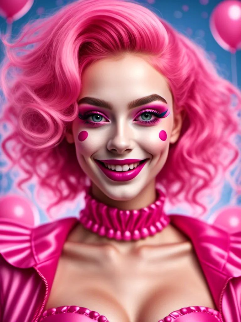 Prompt: <mymodel>High quality, detailed illustration of a smiling pink girl clown, with pink hair, wearing a spandex bodysuit, vibrant pink lipstick, and pink eyes, professional, detailed features, vibrant colors, cartoonish, cheerful lighting