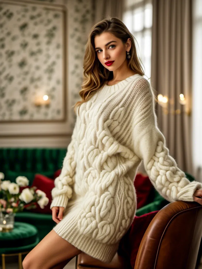 Prompt: <mymodel> beautiful woman in a modern home, against a wall with wallpaper and furniture background
wearing long cable knitted angora mohair sweater , (extremely fluffy:1.8) angora mohair sweater, from side, looking at viewer, smile, (full lips:1.8), red lipstick, eyeliner, makeup, 8k, very detailed, green eyes, very detailed eyes,
source_real, raw, photo, amateur, woman, Diamond Face, Close-Set Eyes, [eyecolors violet], turned up nose-shape, full lips, high cheekbones, weak receding chin, burgundy, lob, light blue, lip gloss, __15JeweleryMaterials__ __14Piercing__, Small and droopy chest , tired,  gorgerous, big chest, outdoor, portrait, , highly detailed, detailed skin, depth of field, film grain
(photorealistic) (bokeh) (intricate details) (cinematic lighting) (sharp focus)
