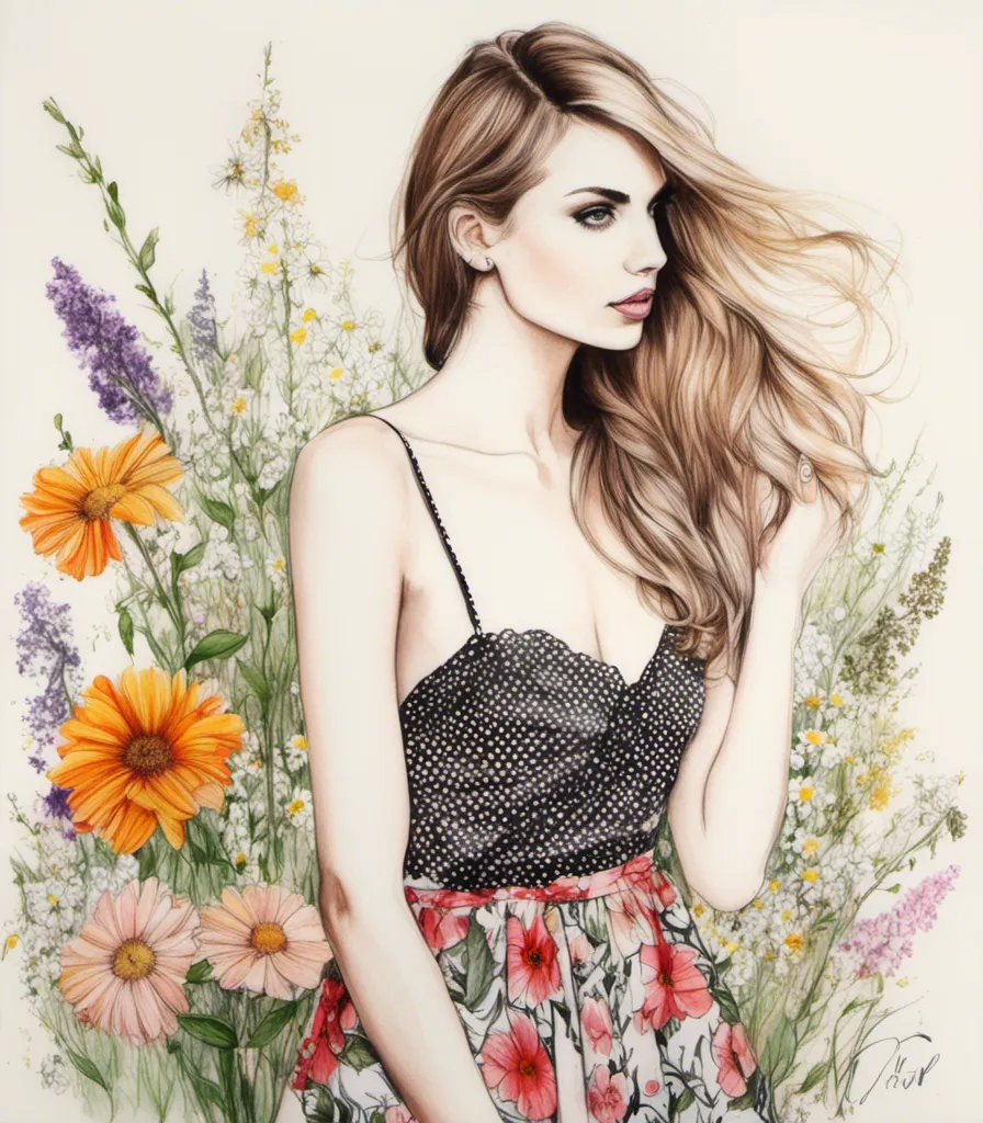 Prompt: <mymodel> fashion illustration, color pencils, graphite, colored ink, artist style: CAROLINE ANDRIEU, RAPHAËL VICENZI, MY DEAD PONY, JENNY LIZ ROME; Jess Day in a cute sundress and flowers 
