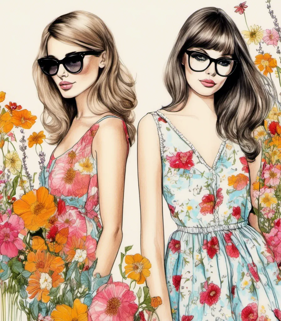 Prompt: <mymodel> fashion illustration, color pencils, graphite, colored ink, artist style: CAROLINE ANDRIEU, RAPHAËL VICENZI, MY DEAD PONY, JENNY LIZ ROME; Girl with Glasses in a cute 1960's sundress and flowers.
[blend face:  zooey deschanel .70]
